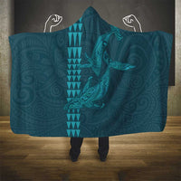 Aloha Hawaii Whale Kakau and Polynesian Tattoo Hooded Blanket Turquoise Color