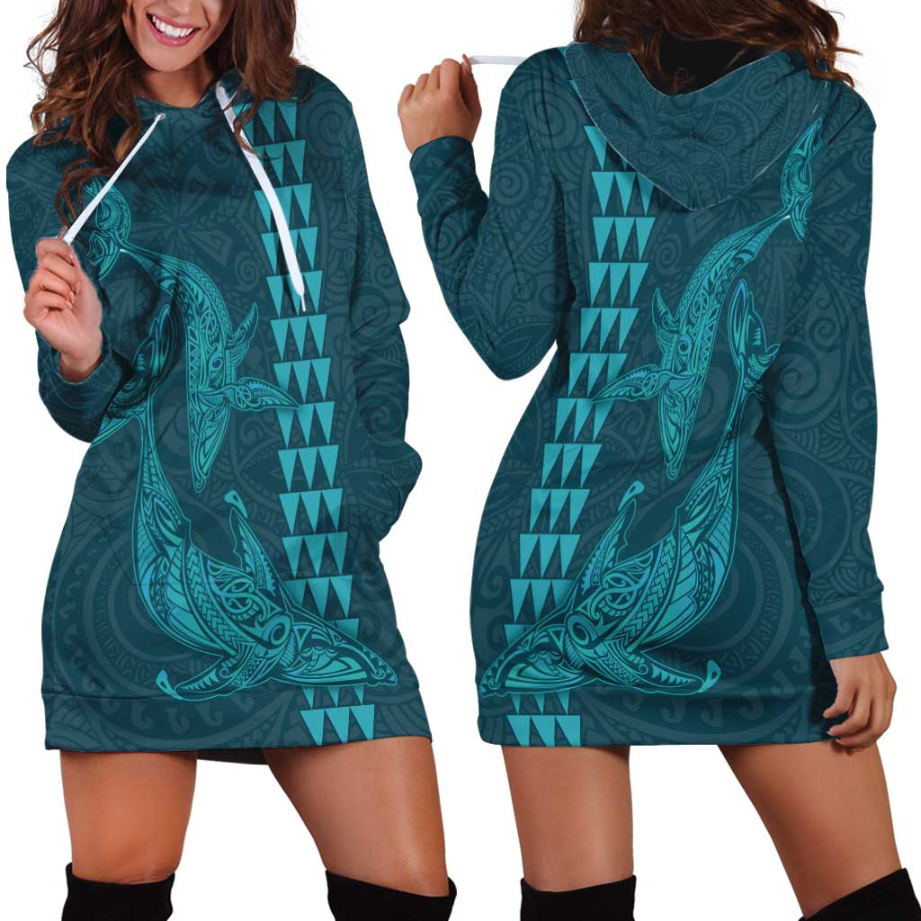 Aloha Hawaii Whale Kakau and Polynesian Tattoo Hoodie Dress Turquoise Color