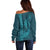 Aloha Hawaii Whale Kakau and Polynesian Tattoo Off Shoulder Sweater Turquoise Color