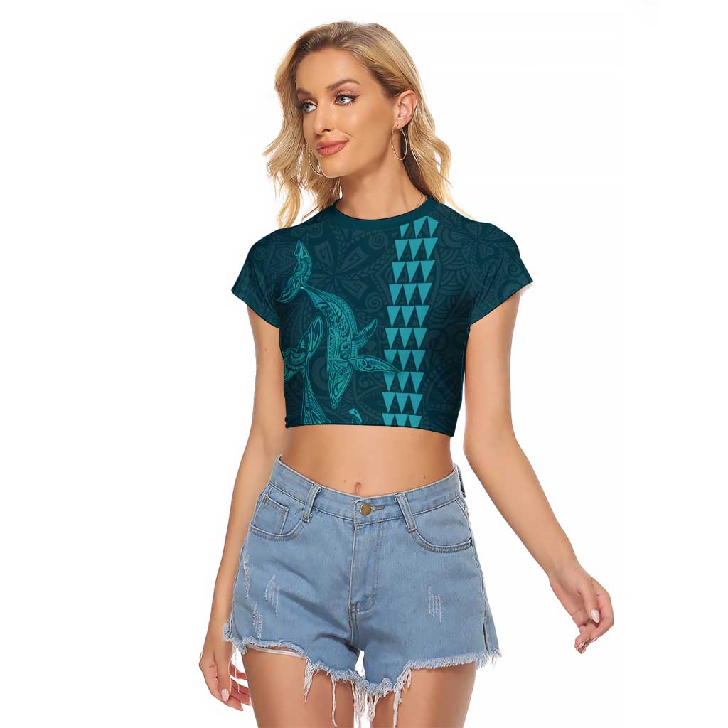 Aloha Hawaii Whale Kakau and Polynesian Tattoo Raglan Cropped T Shirt Turquoise Color LT03 Female Turquoise - Polynesian Pride