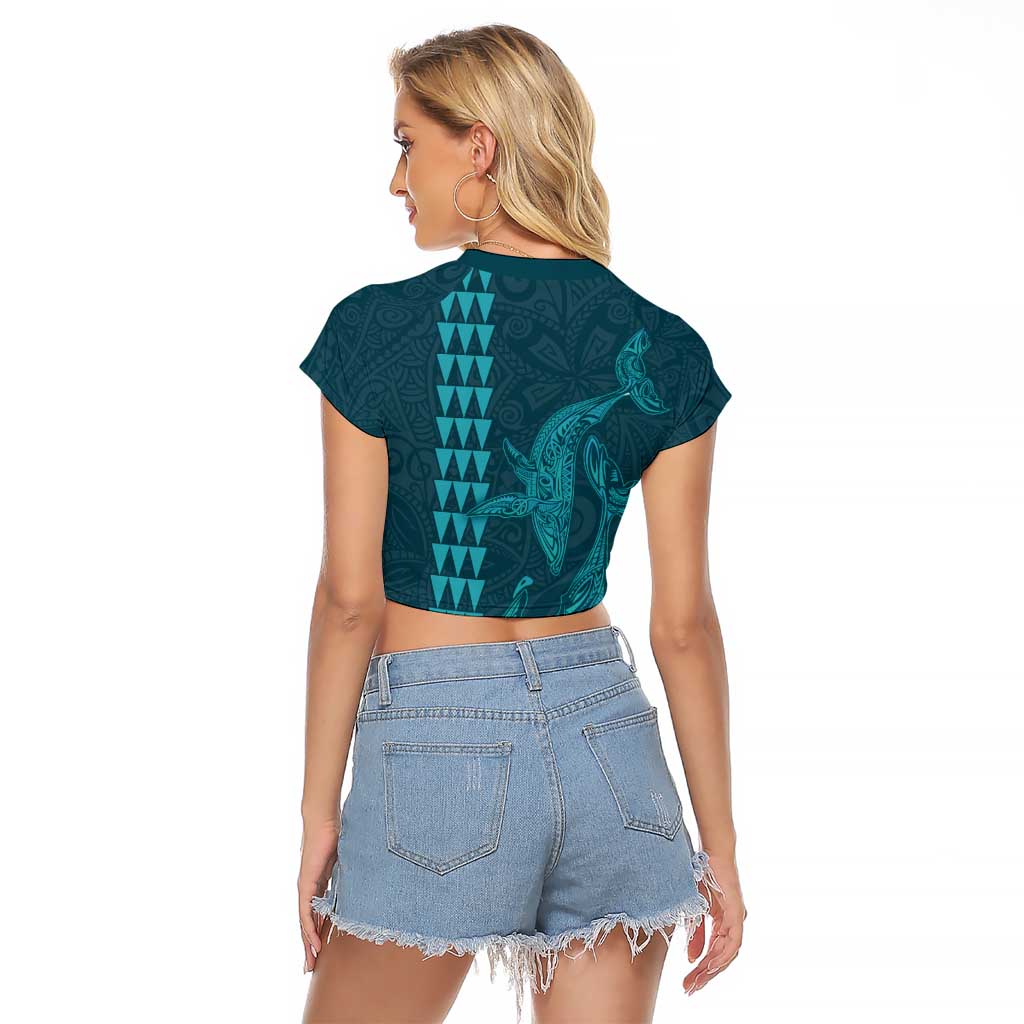 Aloha Hawaii Whale Kakau and Polynesian Tattoo Raglan Cropped T Shirt Turquoise Color LT03 - Polynesian Pride