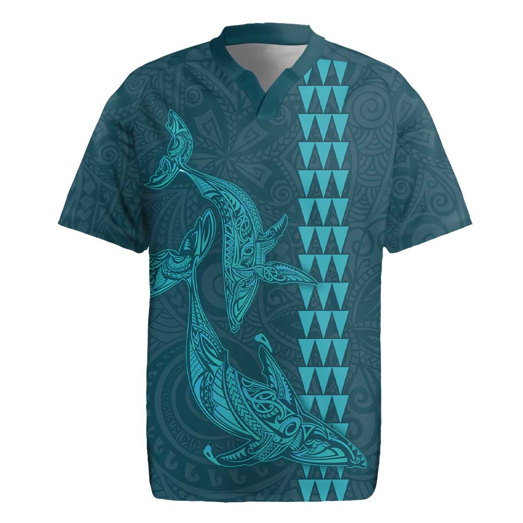 Aloha Hawaii Whale Kakau and Polynesian Tattoo Rugby Jersey Turquoise Color