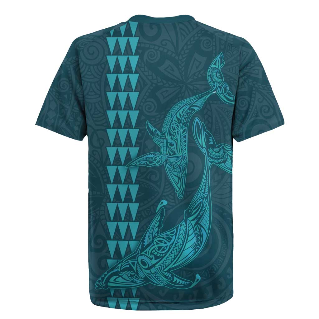 Aloha Hawaii Whale Kakau and Polynesian Tattoo Rugby Jersey Turquoise Color