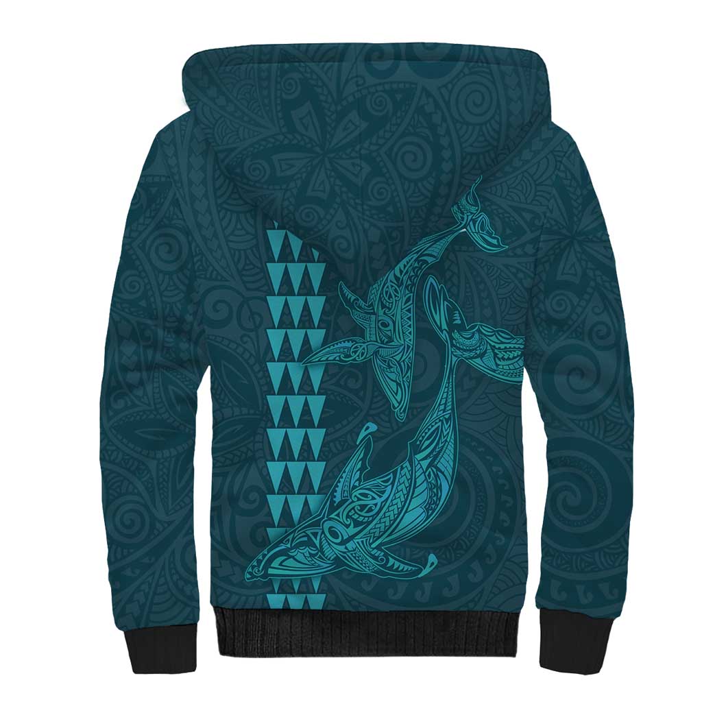 Aloha Hawaii Whale Kakau and Polynesian Tattoo Sherpa Hoodie Turquoise Color