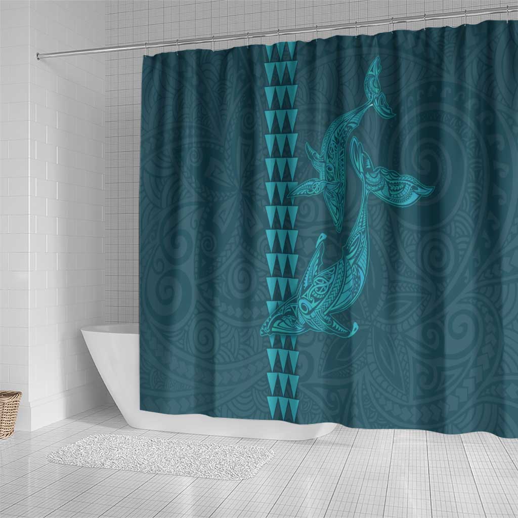 Aloha Hawaii Whale Kakau and Polynesian Tattoo Shower Curtain Turquoise Color