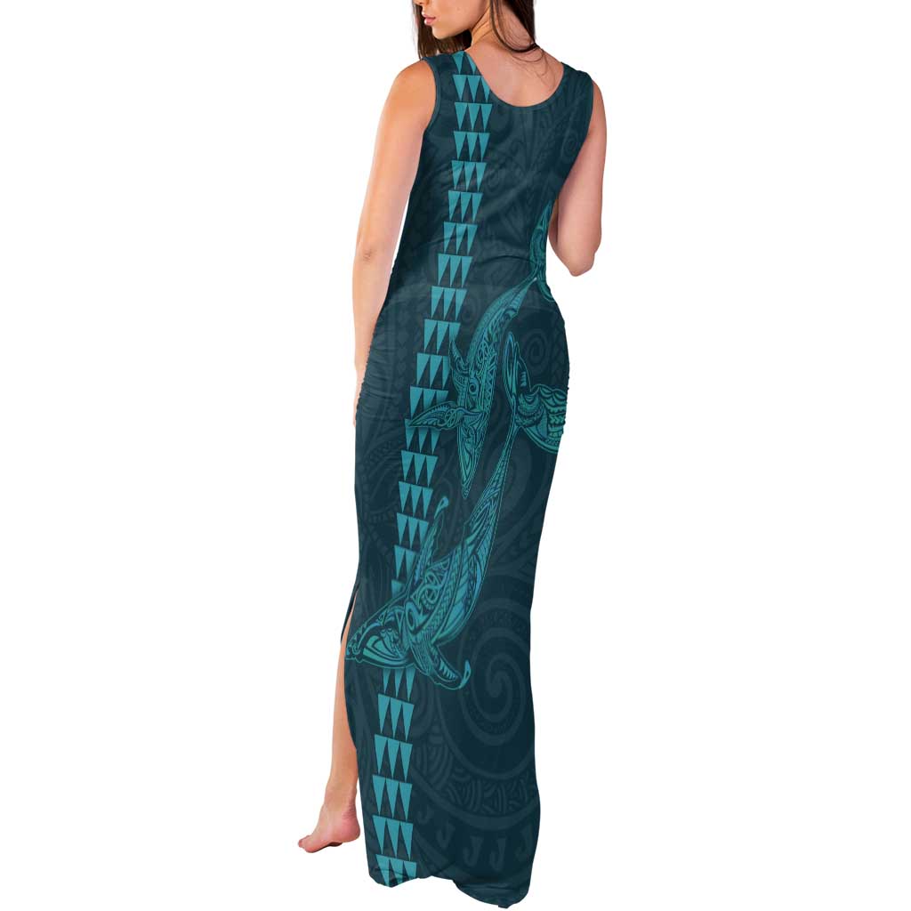 Aloha Hawaii Whale Kakau and Polynesian Tattoo Tank Maxi Dress Turquoise Color