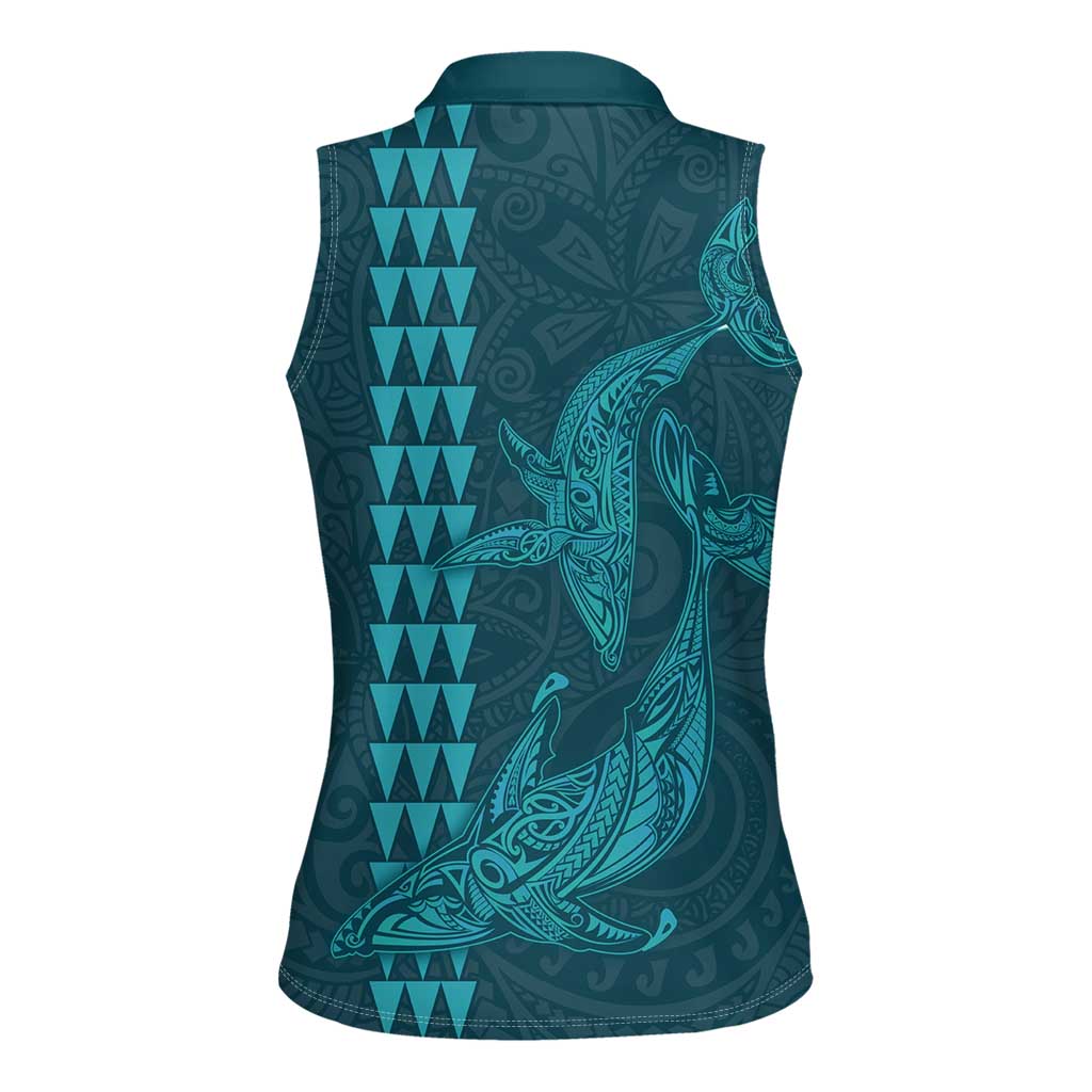 Aloha Hawaii Whale Kakau and Polynesian Tattoo Women Sleeveless Polo Shirt Turquoise Color
