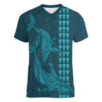 Aloha Hawaii Whale Kakau and Polynesian Tattoo Women V-Neck T-Shirt Turquoise Color LT03 Female Turquoise - Polynesian Pride