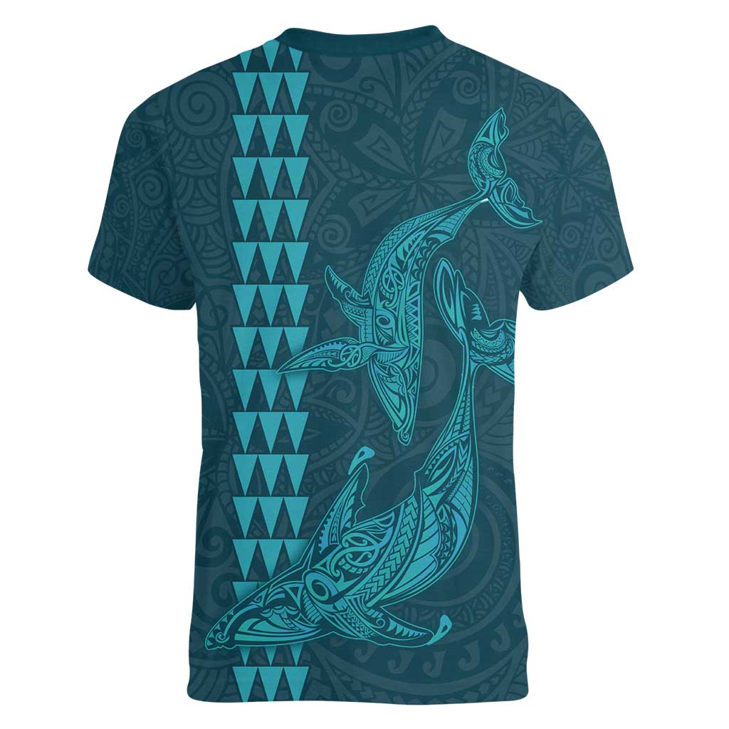 Aloha Hawaii Whale Kakau and Polynesian Tattoo Women V-Neck T-Shirt Turquoise Color LT03 - Polynesian Pride