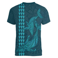 Aloha Hawaii Whale Kakau and Polynesian Tattoo Women V-Neck T-Shirt Turquoise Color LT03 - Polynesian Pride