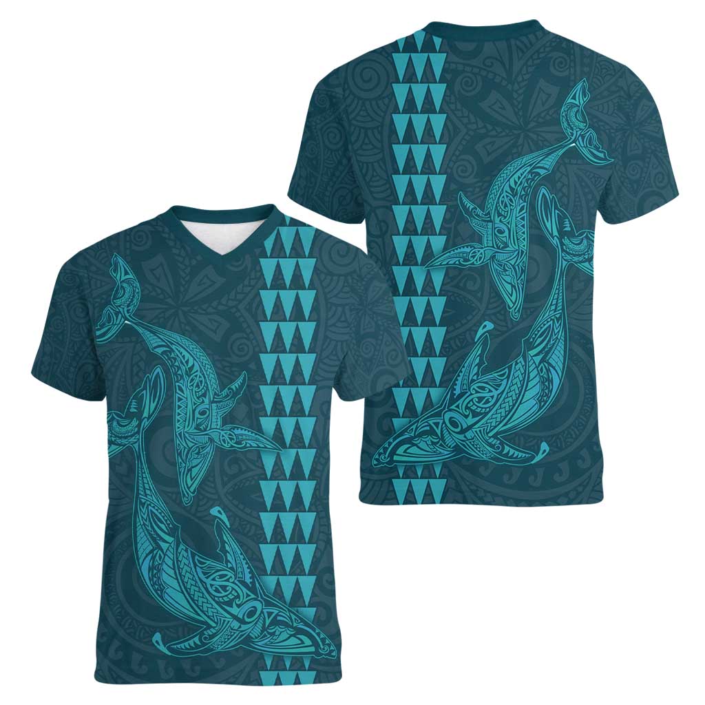Aloha Hawaii Whale Kakau and Polynesian Tattoo Women V-Neck T-Shirt Turquoise Color LT03 - Polynesian Pride
