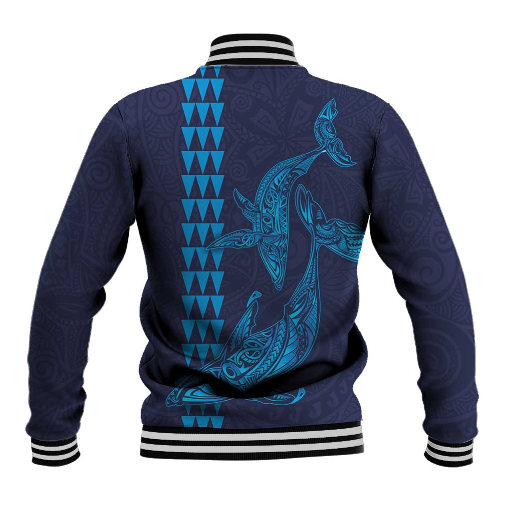 Aloha Hawaii Whale Kakau and Polynesian Tattoo Baseball Jacket Dark Navy Color