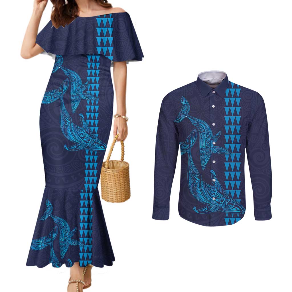 Aloha Hawaii Whale Kakau and Polynesian Tattoo Couples Matching Mermaid Dress and Long Sleeve Button Shirt Dark Navy Color
