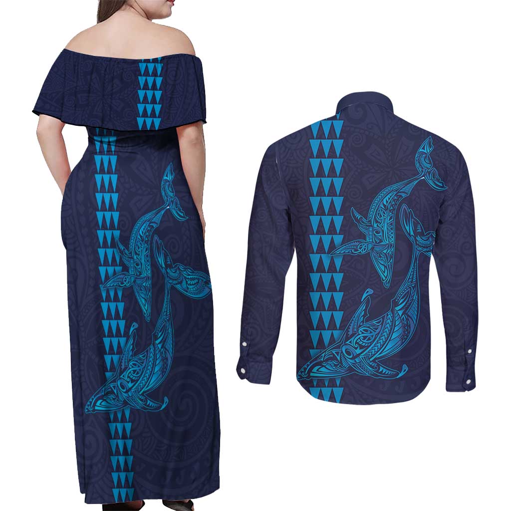 Aloha Hawaii Whale Kakau and Polynesian Tattoo Couples Matching Off Shoulder Maxi Dress and Long Sleeve Button Shirt Dark Navy Color