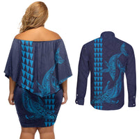 Aloha Hawaii Whale Kakau and Polynesian Tattoo Couples Matching Off Shoulder Short Dress and Long Sleeve Button Shirt Dark Navy Color