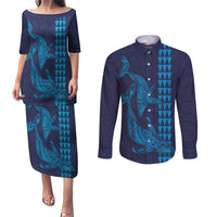 Aloha Hawaii Whale Kakau and Polynesian Tattoo Couples Matching Puletasi and Long Sleeve Button Shirt Dark Navy Color LT03 Dark Navy - Polynesian Pride