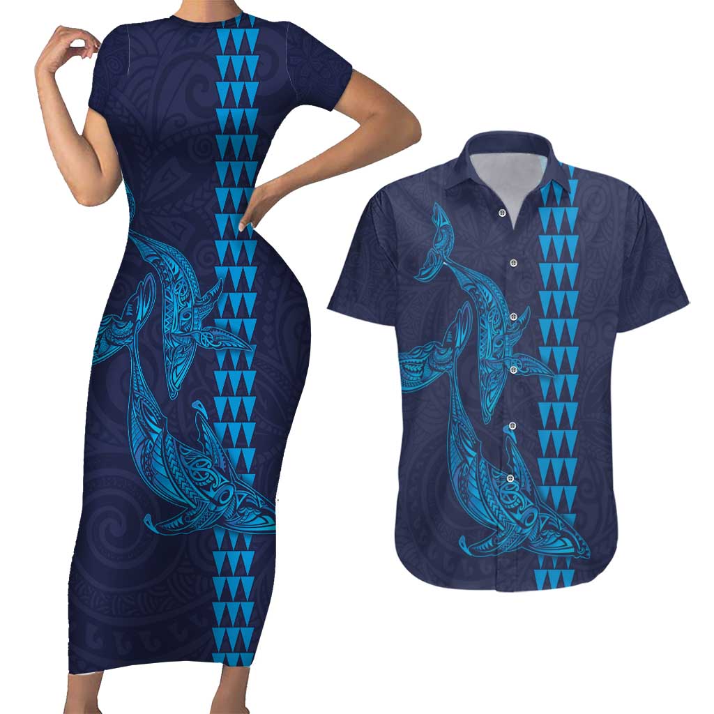 Aloha Hawaii Whale Kakau and Polynesian Tattoo Couples Matching Short Sleeve Bodycon Dress and Hawaiian Shirt Dark Navy Color