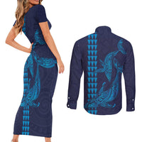 Aloha Hawaii Whale Kakau and Polynesian Tattoo Couples Matching Short Sleeve Bodycon Dress and Long Sleeve Button Shirt Dark Navy Color