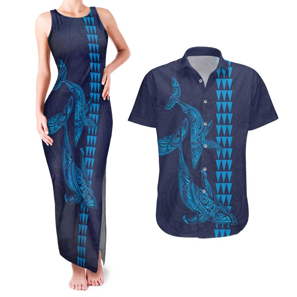 Aloha Hawaii Whale Kakau and Polynesian Tattoo Couples Matching Tank Maxi Dress and Hawaiian Shirt Dark Navy Color