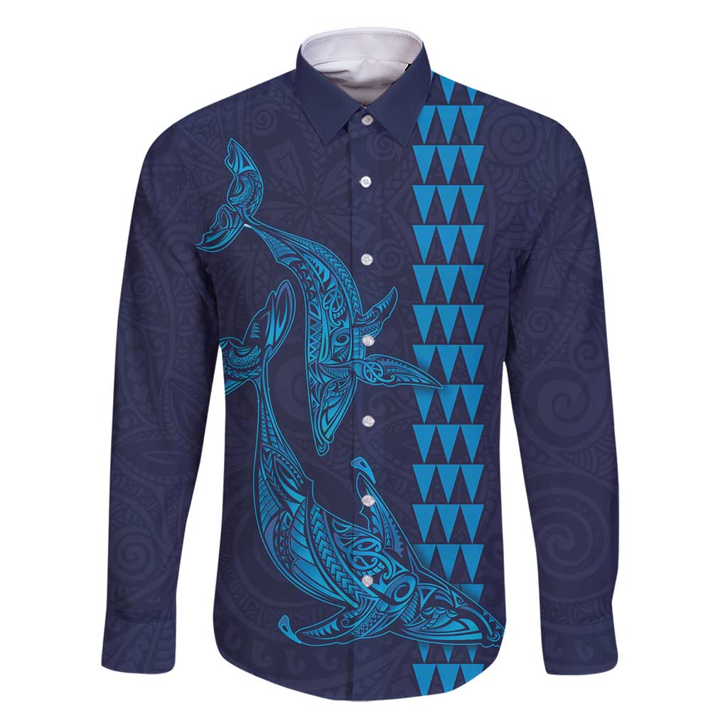 Aloha Hawaii Whale Kakau and Polynesian Tattoo Family Matching Long Sleeve Bodycon Dress and Hawaiian Shirt Dark Navy Color