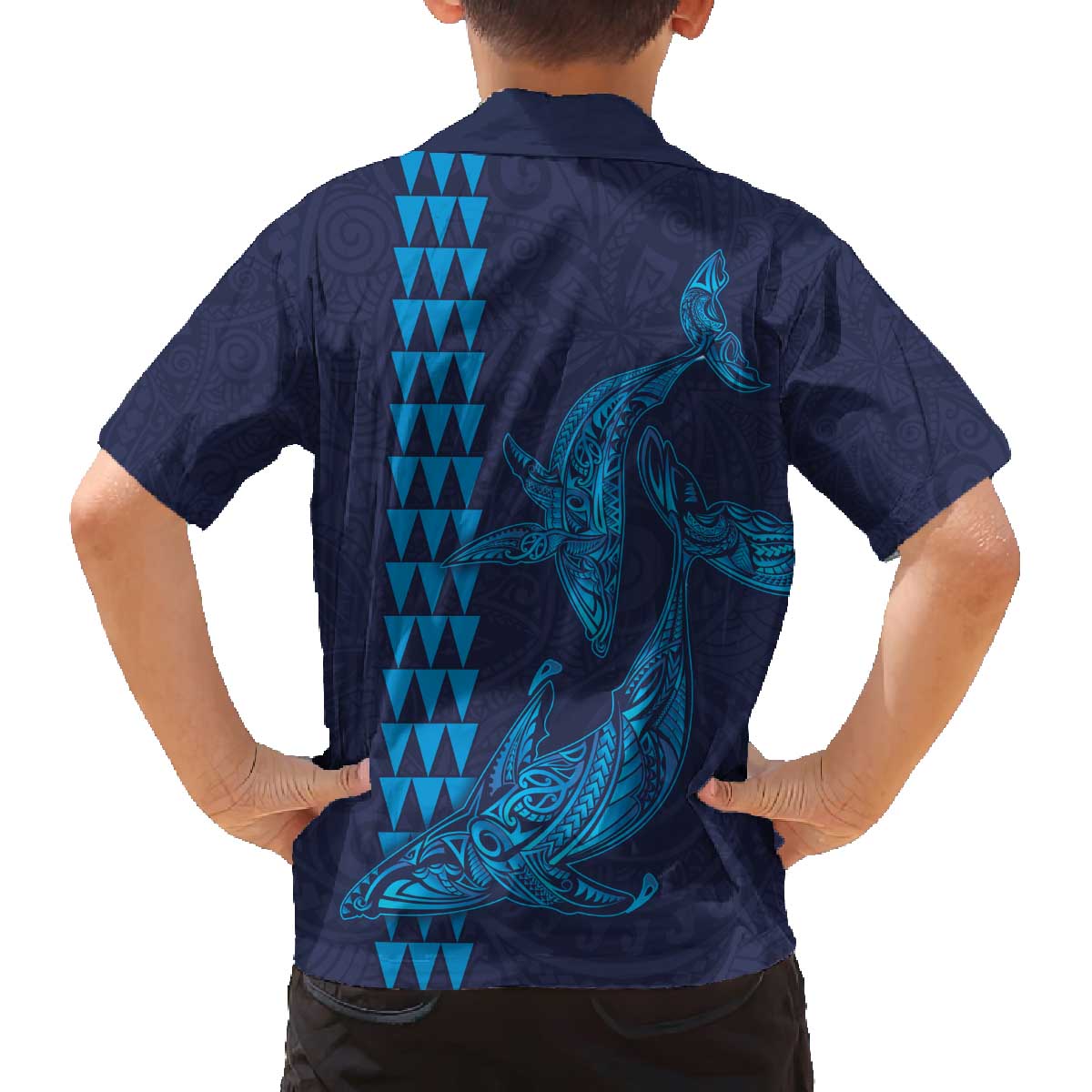 Aloha Hawaii Whale Kakau and Polynesian Tattoo Family Matching Puletasi and Hawaiian Shirt Dark Navy Color LT03 - Polynesian Pride