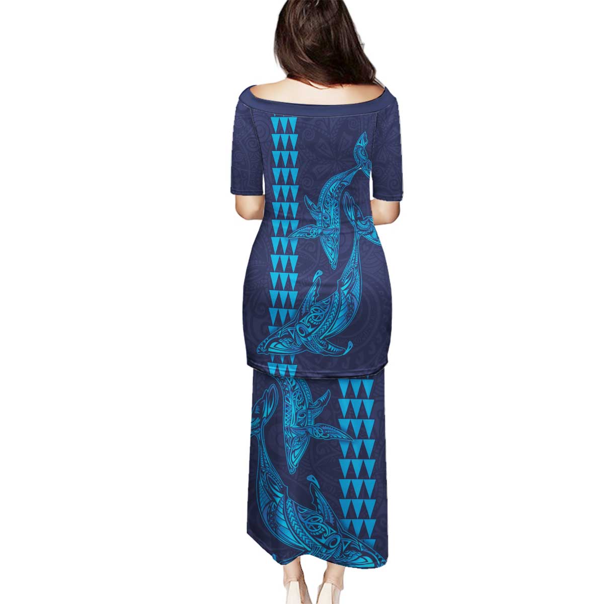 Aloha Hawaii Whale Kakau and Polynesian Tattoo Family Matching Puletasi and Hawaiian Shirt Dark Navy Color LT03 - Polynesian Pride