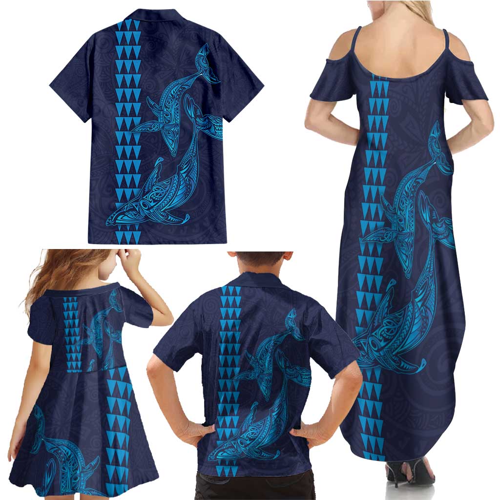 Aloha Hawaii Whale Kakau and Polynesian Tattoo Family Matching Summer Maxi Dress and Hawaiian Shirt Dark Navy Color