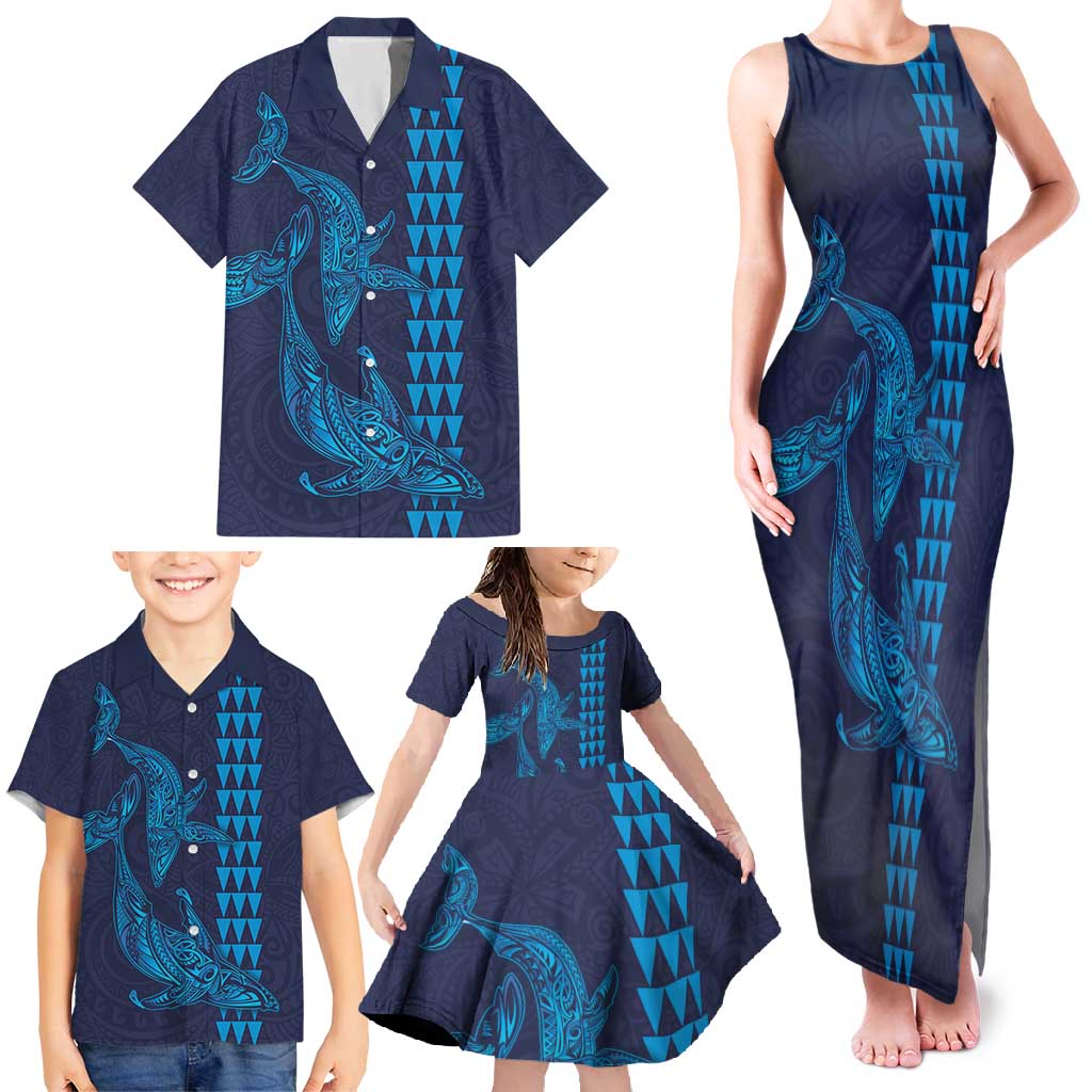 Aloha Hawaii Whale Kakau and Polynesian Tattoo Family Matching Tank Maxi Dress and Hawaiian Shirt Dark Navy Color