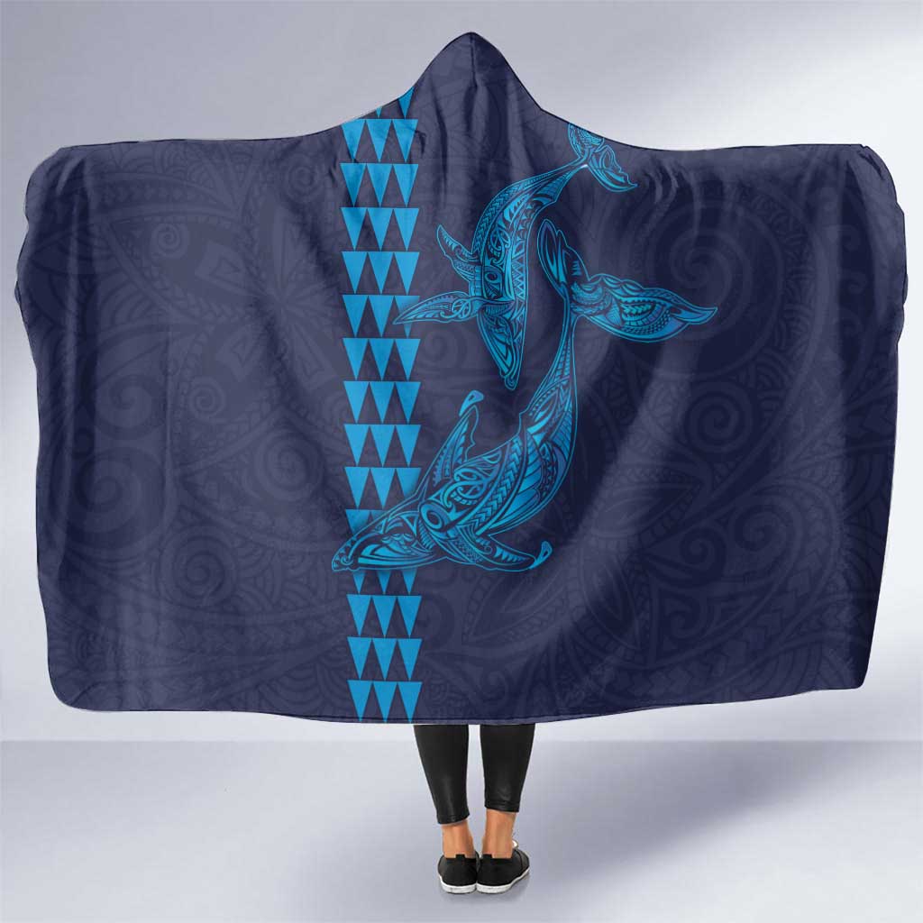 Aloha Hawaii Whale Kakau and Polynesian Tattoo Hooded Blanket Dark Navy Color