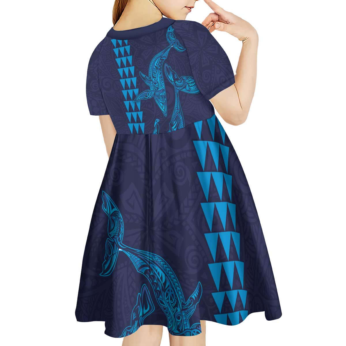 Aloha Hawaii Whale Kakau and Polynesian Tattoo Kid Short Sleeve Dress Dark Navy Color