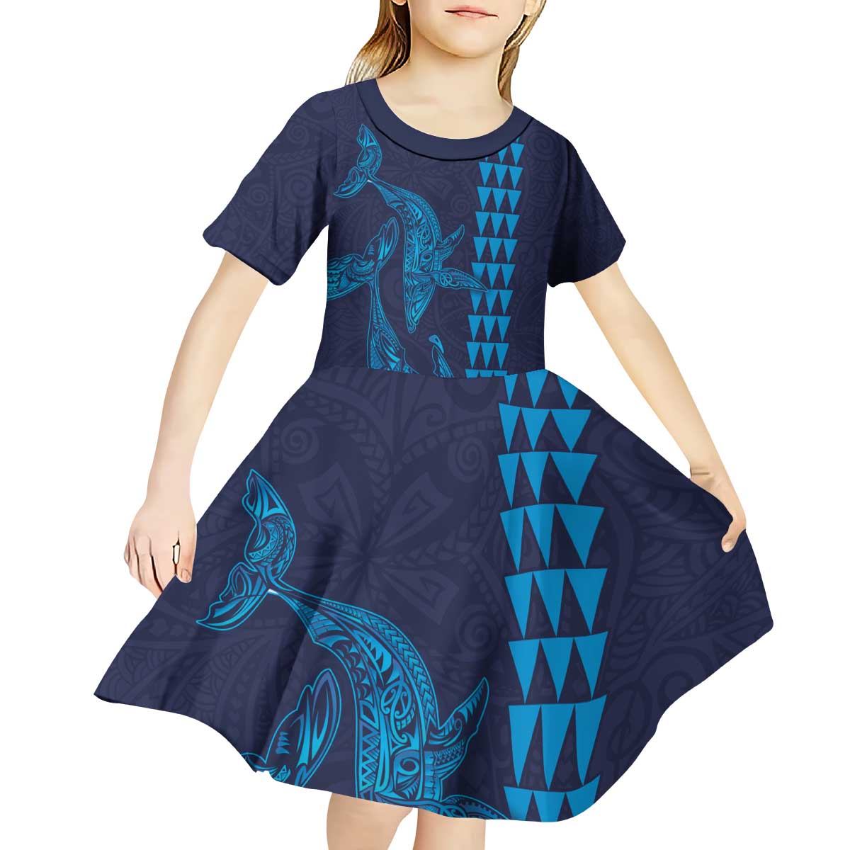 Aloha Hawaii Whale Kakau and Polynesian Tattoo Kid Short Sleeve Dress Dark Navy Color