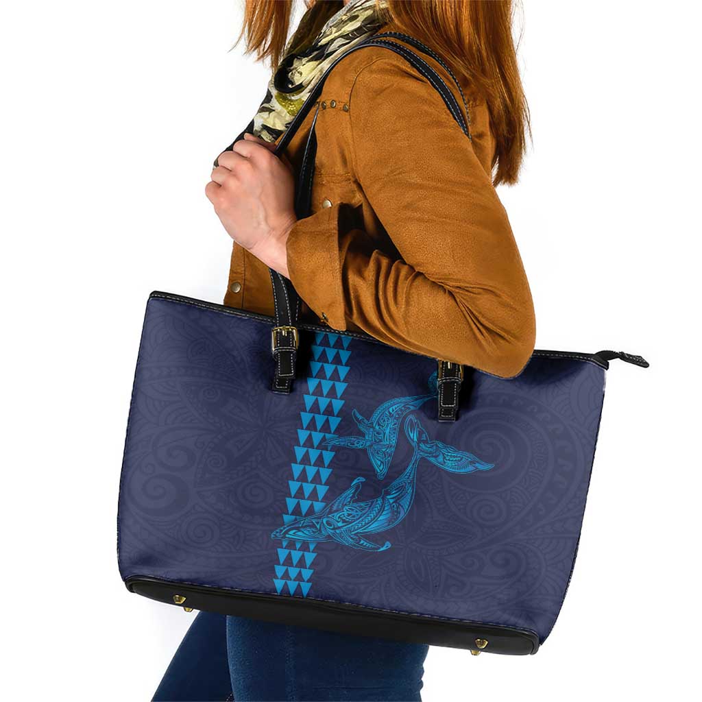 Aloha Hawaii Whale Kakau and Polynesian Tattoo Leather Tote Bag Dark Navy Color LT03 Dark Navy - Polynesian Pride