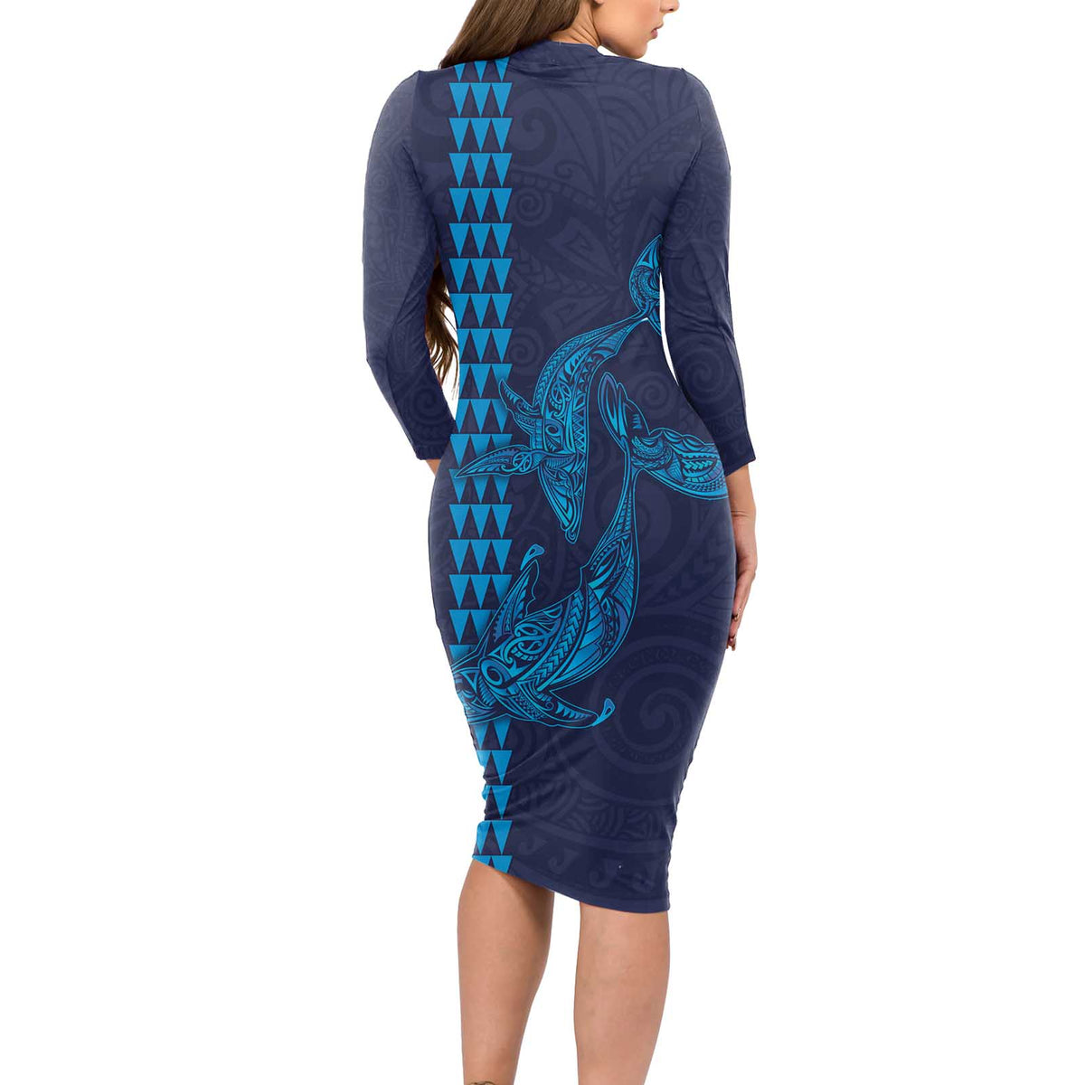 Aloha Hawaii Whale Kakau and Polynesian Tattoo Long Sleeve Bodycon Dress Dark Navy Color