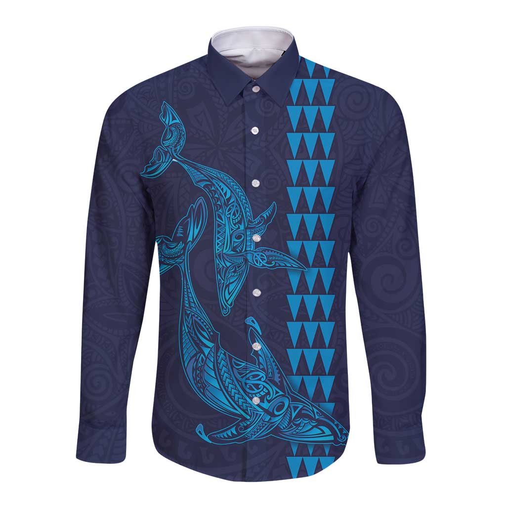 Aloha Hawaii Whale Kakau and Polynesian Tattoo Long Sleeve Button Shirt Dark Navy Color LT03 Unisex Dark Navy - Polynesian Pride