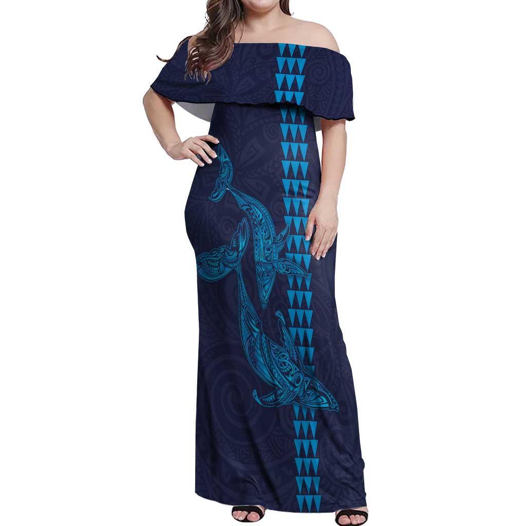 Aloha Hawaii Whale Kakau and Polynesian Tattoo Off Shoulder Maxi Dress Dark Navy Color