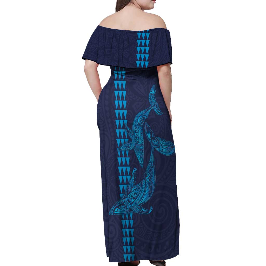Aloha Hawaii Whale Kakau and Polynesian Tattoo Off Shoulder Maxi Dress Dark Navy Color