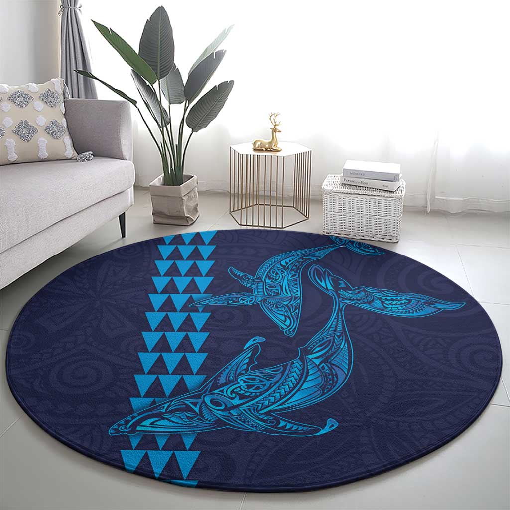 Aloha Hawaii Whale Kakau and Polynesian Tattoo Round Carpet Dark Navy Color