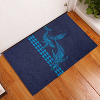 Aloha Hawaii Whale Kakau and Polynesian Tattoo Rubber Doormat Dark Navy Color