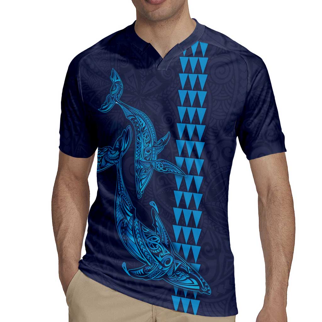 Aloha Hawaii Whale Kakau and Polynesian Tattoo Rugby Jersey Dark Navy Color
