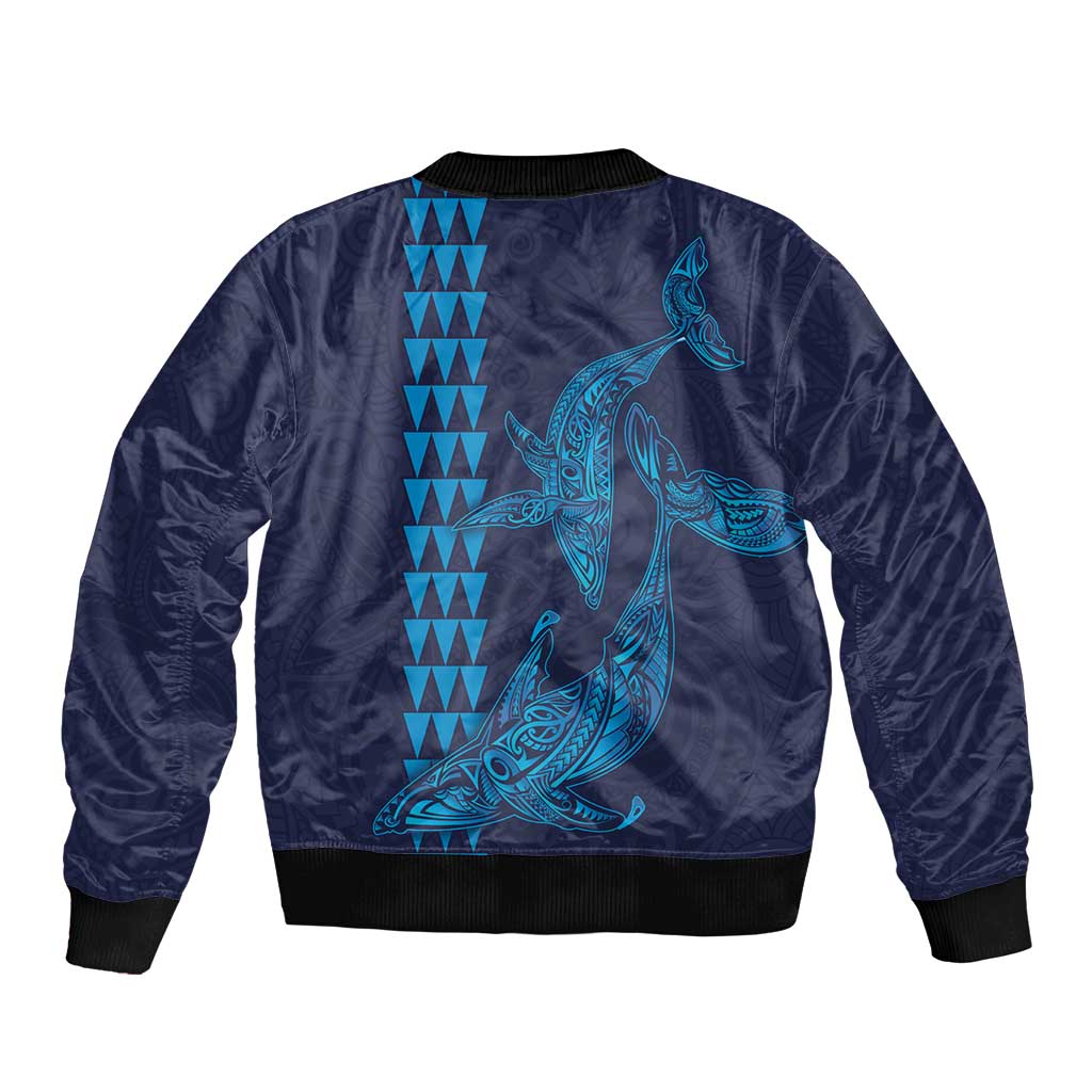 Aloha Hawaii Whale Kakau and Polynesian Tattoo Sleeve Zip Bomber Jacket Dark Navy Color