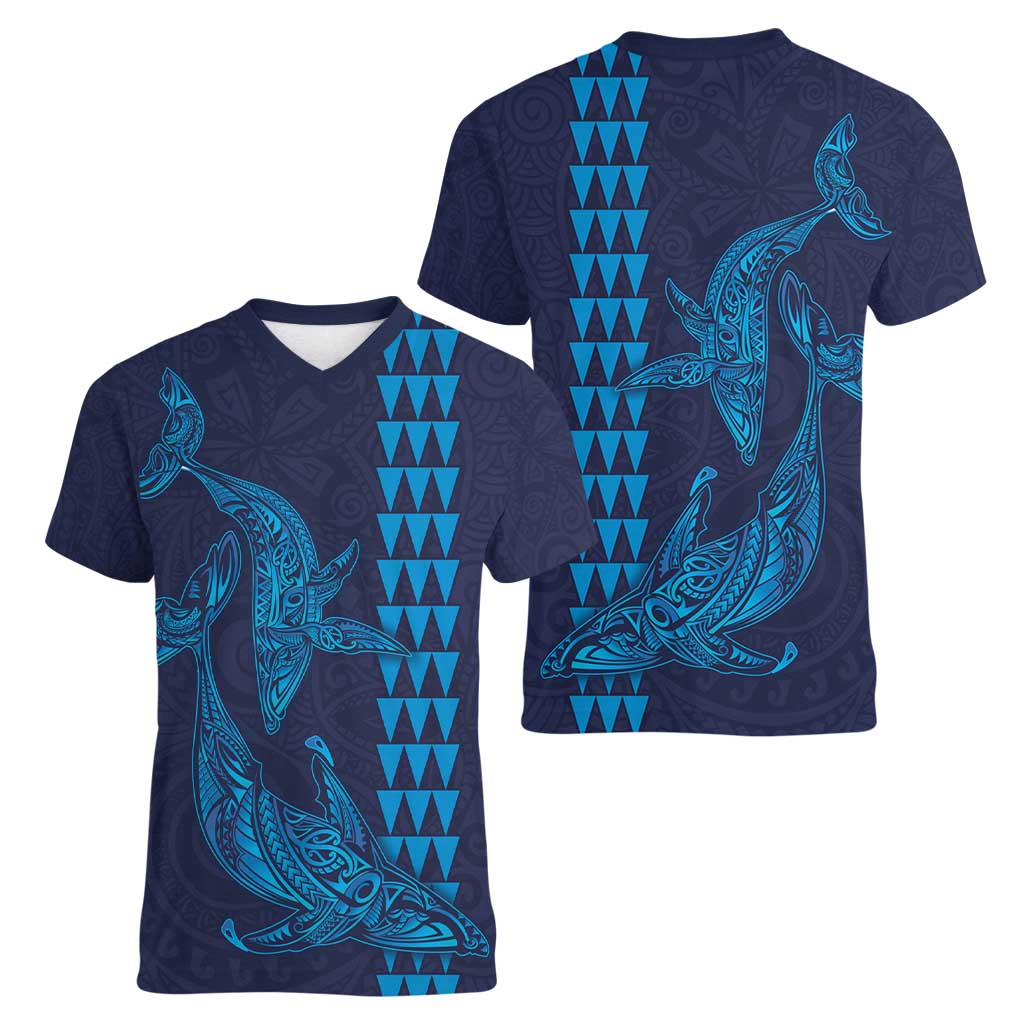 Aloha Hawaii Whale Kakau and Polynesian Tattoo Women V-Neck T-Shirt Dark Navy Color LT03 - Polynesian Pride