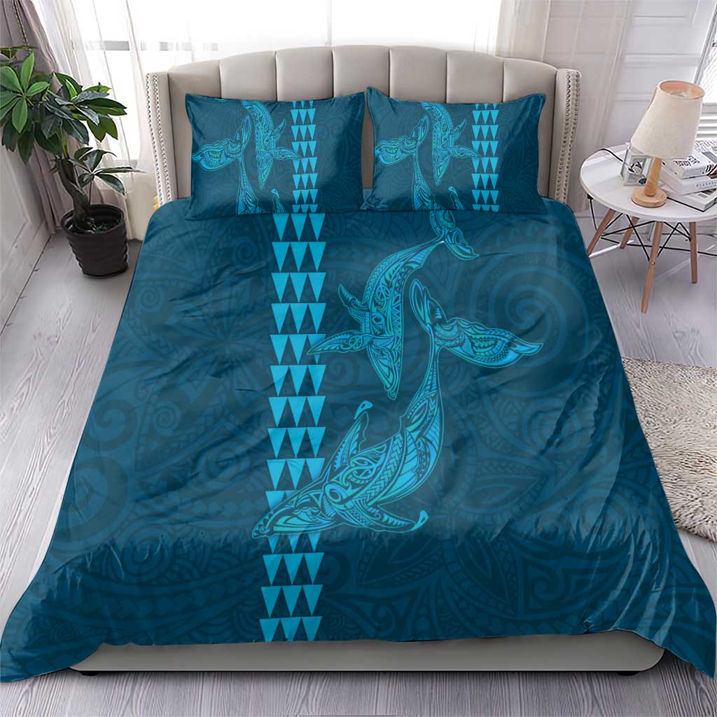 Aloha Hawaii Whale Kakau and Polynesian Tattoo Bedding Set Light Blue Color