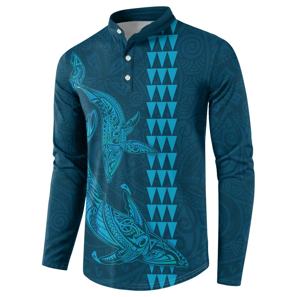 Aloha Hawaii Whale Kakau and Polynesian Tattoo Button Sweatshirt Light Blue Color