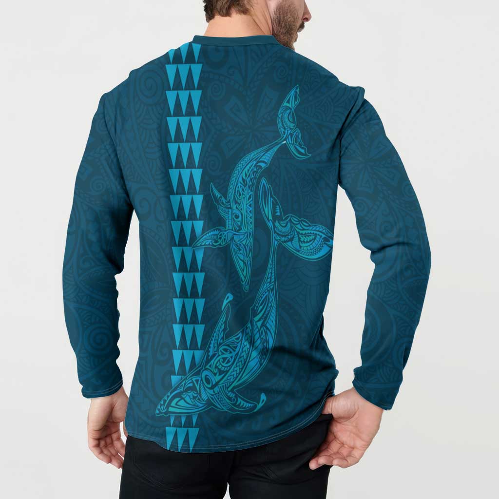Aloha Hawaii Whale Kakau and Polynesian Tattoo Button Sweatshirt Light Blue Color