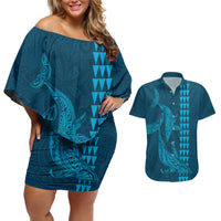 Aloha Hawaii Whale Kakau and Polynesian Tattoo Couples Matching Off Shoulder Short Dress and Hawaiian Shirt Light Blue Color