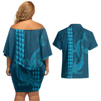 Aloha Hawaii Whale Kakau and Polynesian Tattoo Couples Matching Off Shoulder Short Dress and Hawaiian Shirt Light Blue Color