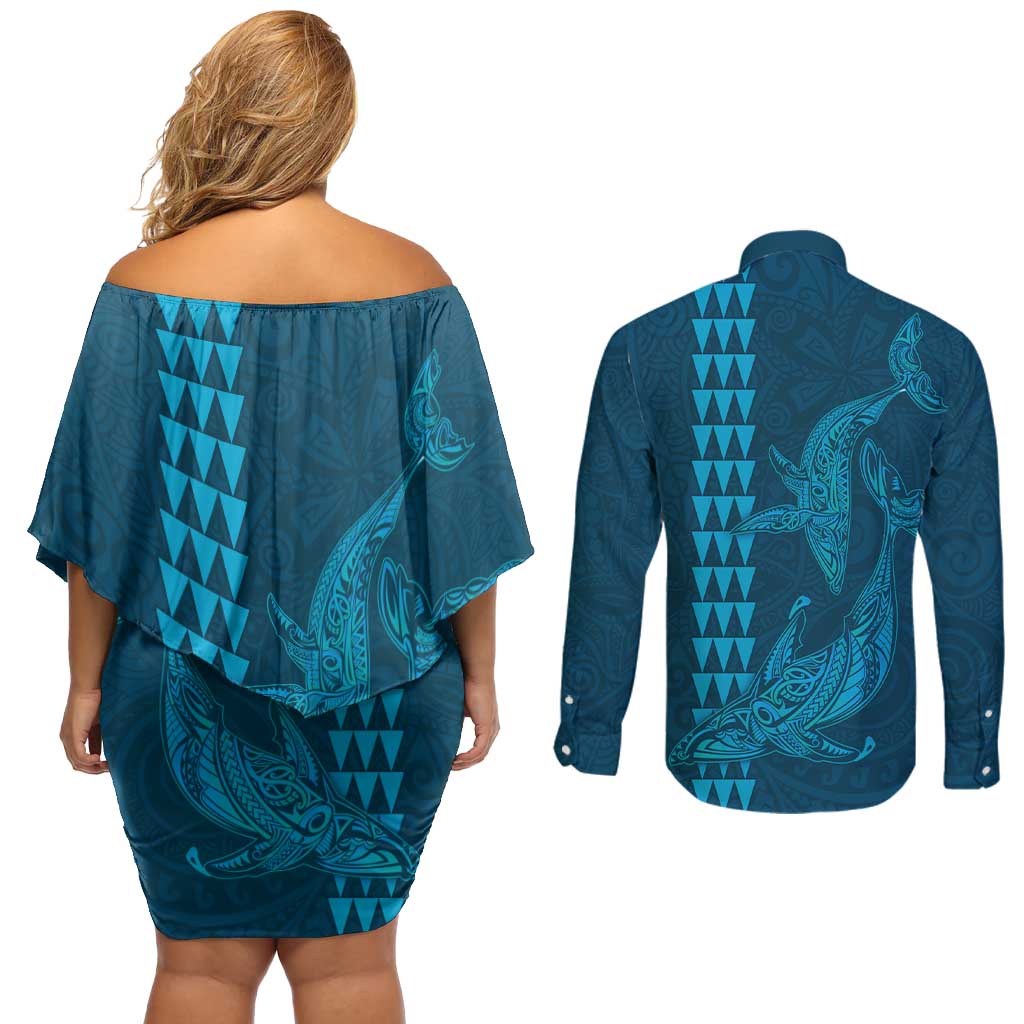 Aloha Hawaii Whale Kakau and Polynesian Tattoo Couples Matching Off Shoulder Short Dress and Long Sleeve Button Shirt Light Blue Color