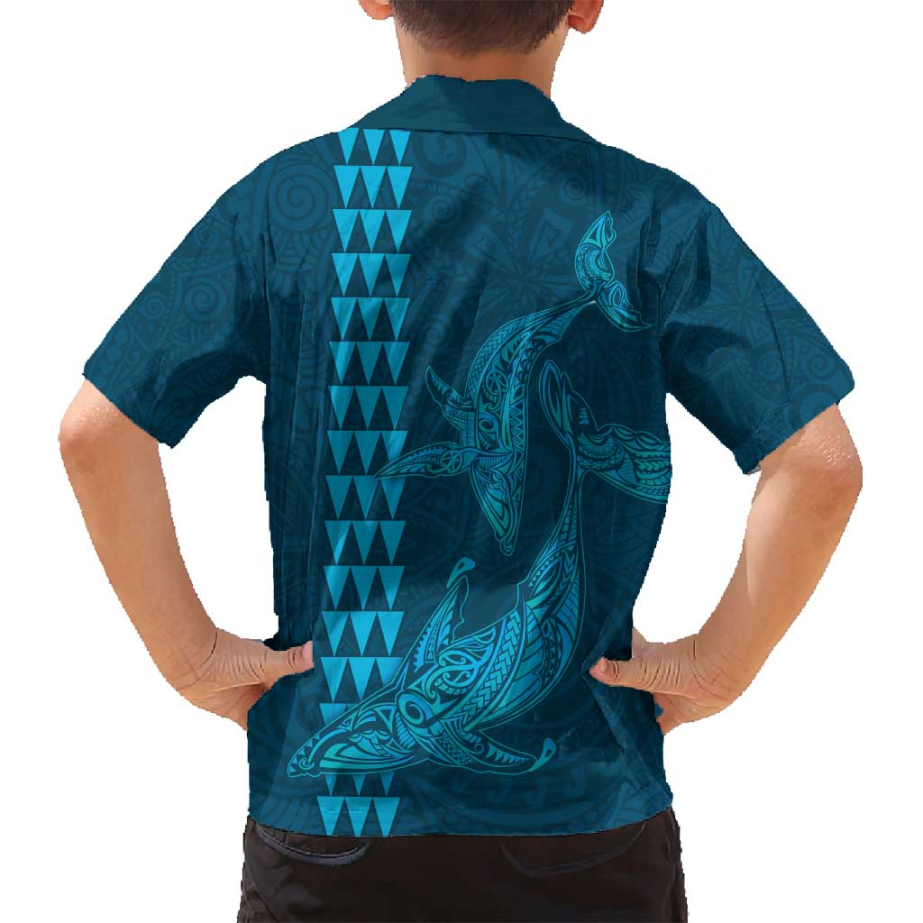 Aloha Hawaii Whale Kakau and Polynesian Tattoo Family Matching Off Shoulder Maxi Dress and Hawaiian Shirt Light Blue Color