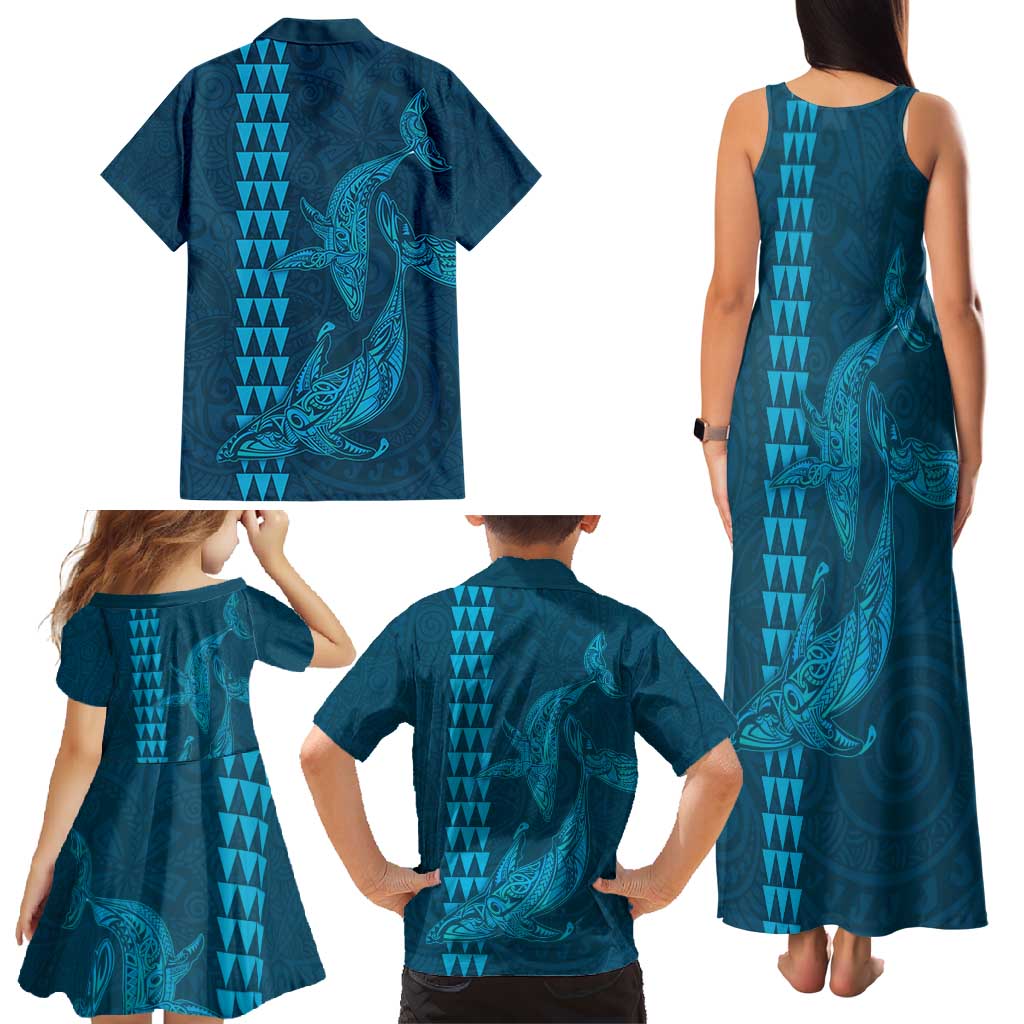 Aloha Hawaii Whale Kakau and Polynesian Tattoo Family Matching Tank Maxi Dress and Hawaiian Shirt Light Blue Color