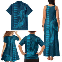 Aloha Hawaii Whale Kakau and Polynesian Tattoo Family Matching Tank Maxi Dress and Hawaiian Shirt Light Blue Color